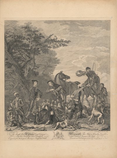Un conjunto de siete, sin título, cada uno dedicado: Al Muy Honorable. Thomas Lord Viscount Weymouth... del cuadro original de Long Leat Hall. [La presa: dos jinetes desmontados, uno sosteniendo un zorro por encima de los clamorosos sabuesos; el cazador to de L. Truchy