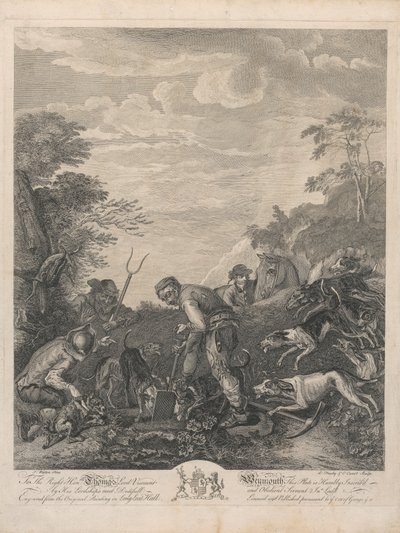 Un conjunto de siete, sin título, cada uno dedicado: Al Muy Honorable. Thomas Lord Vizconde Weymouth... de la Pintura Original en Long Leat Hall. [Tres hombres excavando la tierra de un zorro, observados ansiosamente por sabuesos...] de L. Truchy