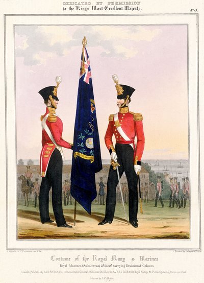 Traje de la Royal Navy  Marines. Marines Reales (Subalternos) 2d. Lt., c.1832 (litografía coloreada) de L. and Eschauzier St. Mansion