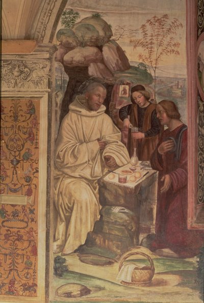 San Benito contra un paisaje, de la vida de San Benito (detalle) de L. and Sodoma, G. Signorelli