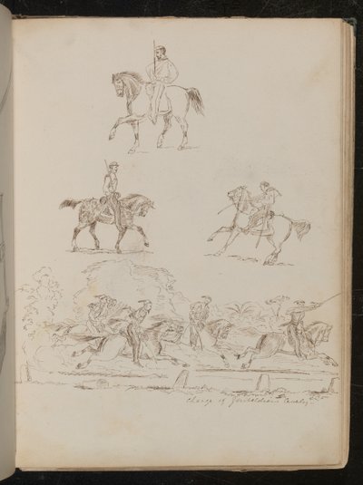 Estudios de soldados a caballo, la escena de grupo está inscrita 