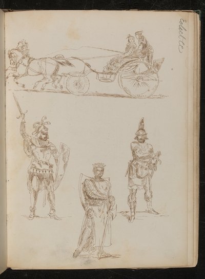 Estudio de un carruaje tirado por caballos con tres ocupantes, tres estudios de guerreros grecorromanos con armas y escudos de Lady  Butler
