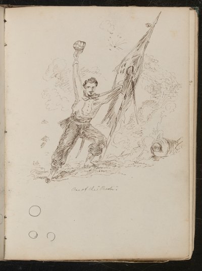Estudio de hombre sosteniendo una bandera y su sombrero en alto, inscrito 