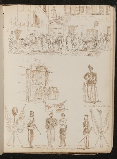 Escena de ciudad con soldados bebiendo, estudio de un puesto de mercado, estudio de un guardia nacional piamontés, estudio de cuatro soldados y banderas cruzadas de Lady Butler