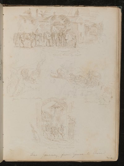 "Cambiando caballos por la noche", "bajando a Lagoletto", "ascendiendo la Turbia" y "Pasando por una aldea" de Lady Butler