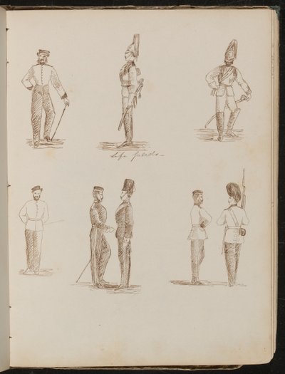 Ocho estudios de soldados de pie en uniforme, inscritos 