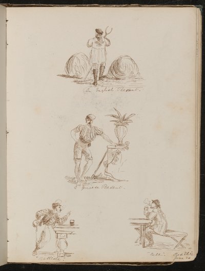 "Campesino inglés", "un campesino genovés", estudio de figuras en tabernas inscrito "Battista" y "Bile", lugar y fecha "20 de junio" de Lady Butler