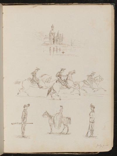 Cinco estudios de una iglesia, soldados de gala a caballo, un soldado de guardia y una mujer montando de lado de Lady Butler