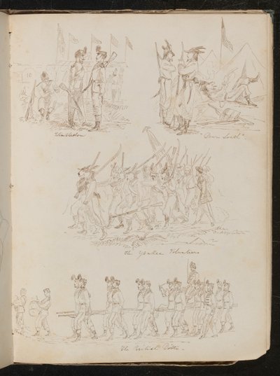 Cuatro escenas de batallón con la inscripción "Wimbledon", "Down South", "The Yankee Volunteers", "The British Ditto" con variedad de tipos de soldados de Lady Butler
