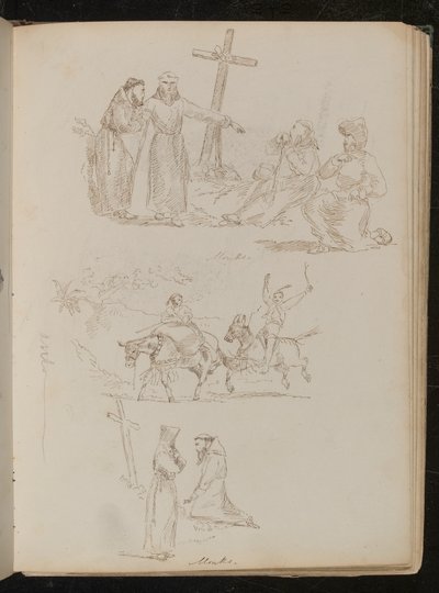 Cuatro figuras junto a una cruz de madera, estudio de dos jóvenes con palos en burros, estudio de dos monjes, uno arrodillado ante una cruz de madera de Lady Butler
