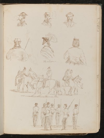 Cuatro estudios de bustos masculinos, dos de una mujer con parasol, estudio de grupo de hombres y mujeres a caballo, estudio de grupo de soldados de Lady Butler