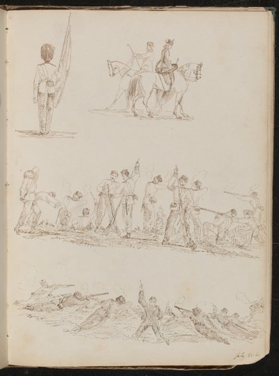 Cuatro estudios de soldados, mujeres montando y batallas de Lady Butler