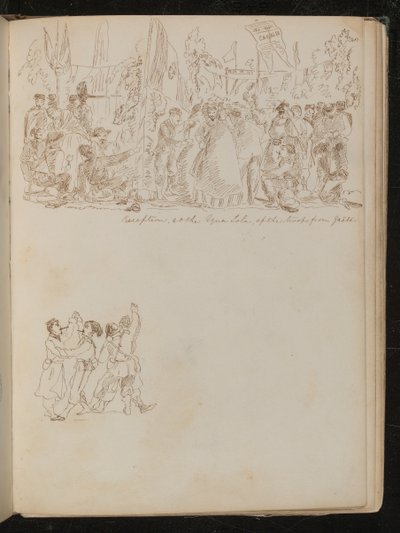 Escena de recepción con múltiples figuras con banderas y estandartes de Lady Butler