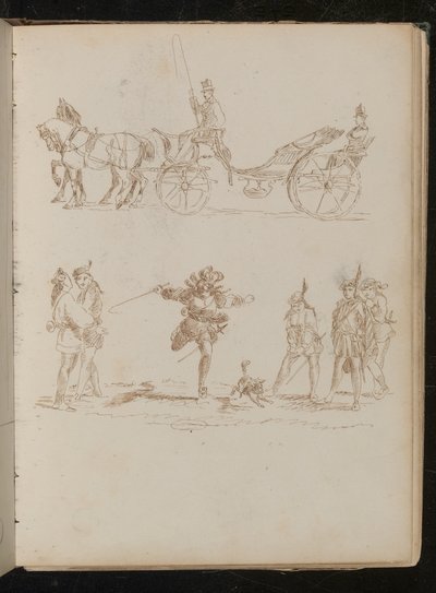 Oficial con sombrero de copa y charreteras en carruaje tirado por caballos, estudio de seis soldados mediterráneos y un perro de Lady Butler