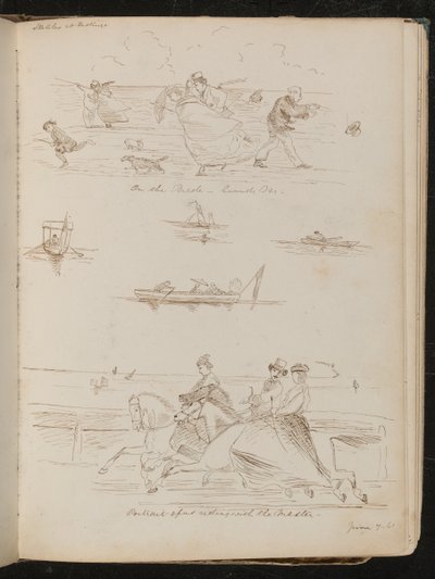 "En el desfile, un día ventoso", barcos con excursionistas, jinetes a caballo con la inscripción "montando con el maestro" de Lady Butler