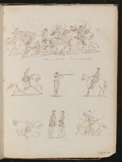 Siete estudios de batallas de caballería, soldados y una mujer montando de Lady Butler