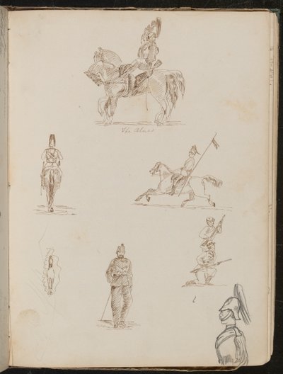 Seis estudios de soldados, uno a caballo inscrito "los Azules", pequeño estudio de un caballo de frente de Lady Butler