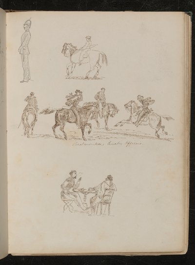 Soldado de uniforme completo, estudios de un joven con caña de pescar a caballo, cuatro hombres a caballo de Lady Butler