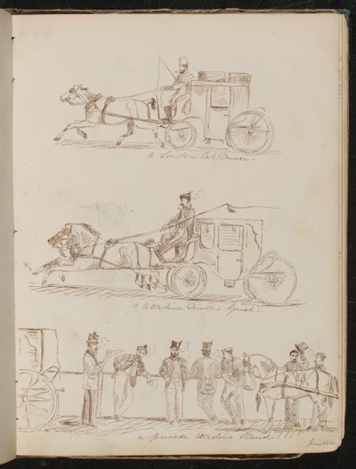 Estudios de "un conductor de cab de Londres", "un conductor de Cittadine - Génova" y "un puesto de Cittadine de Génova", fechado "26 de junio de 1861" de Lady Butler