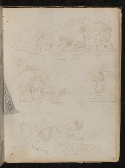 Estudios de un carruaje tirado por caballos cruzando un arroyo, entrando en un túnel, estudio de una campesina de Lady Butler