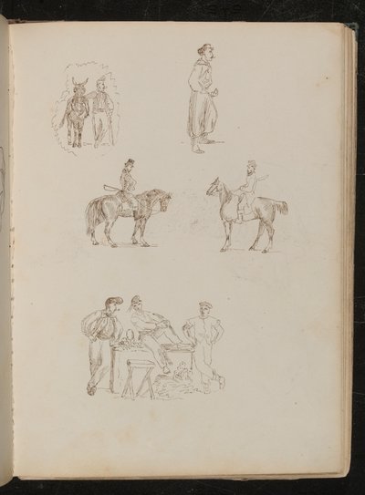 Estudios de figuras masculinas con caballos, estudio de un soldado fumando y con espada, estudio de tres vendedores de frutas con puesto de Lady Butler