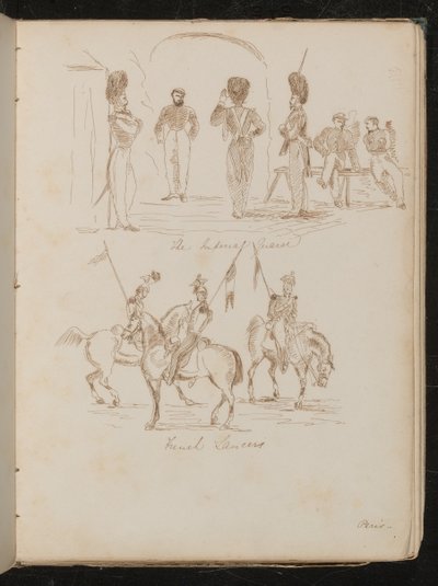 Estudios de soldados con la inscripción "Guardias Imperiales", soldados con banderas a caballo con la inscripción "Lanceros Franceses" de Lady Butler