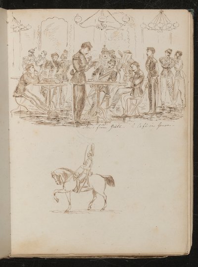 Estudio de una escena de café con soldados leyendo periódicos con la inscripción "Noticias de Gaela - un café en Génova" de Lady Butler