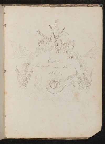 Estudio de materiales de artistas, mariposa, flores, banderas, acantilado y guirnalda en formación de escudo de armas alrededor de la inscripción "Terminado el 12 de agosto de 1861" de Lady Butler