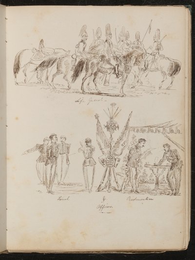 Estudio de soldados a caballo con la inscripción "Life Guards", estudio de grupos de soldados con banderas, fumando y bebiendo de Lady Butler