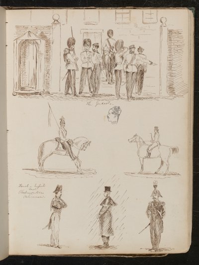 Estudio de "los Guardias", dos estudios de soldados a caballo, tres estudios de policías franceses, ingleses y piamonteses de Lady Butler
