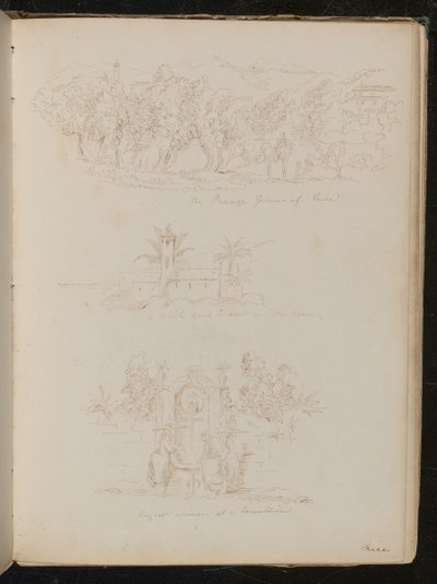 Estudio de "los cultivadores de naranjas de Niza", estudio arquitectónico de "una iglesia y convento en el camino", estudio de "mujeres de Niza en una fuente" de Lady Butler