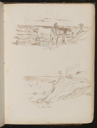 Estudio de dos caballos en paisaje, estudio de escena costera y acantilado de Lady Butler