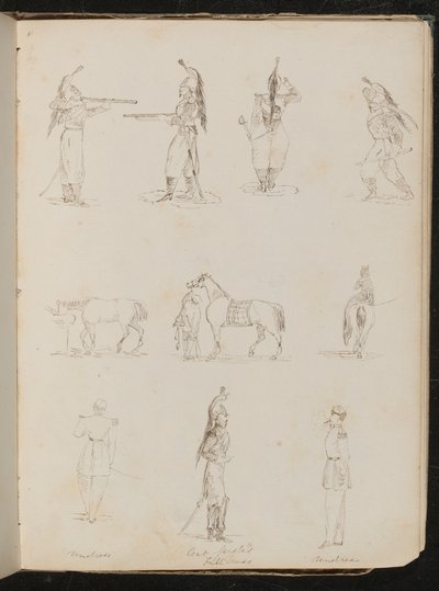 Diez estudios de soldados, caballos, mujer montando de lado de Lady Butler