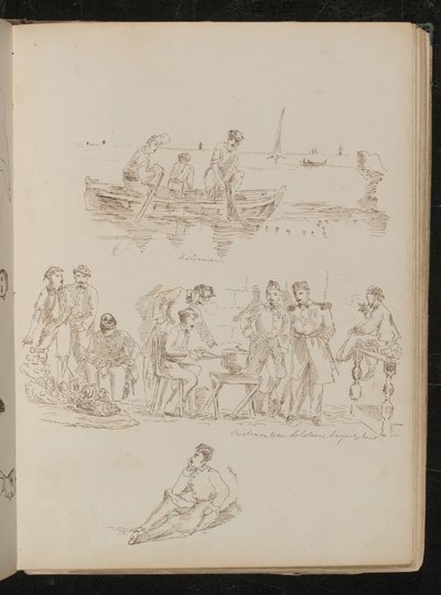 Tres figuras en un bote de remos, escena de mercado con ocho figuras de Lady Butler