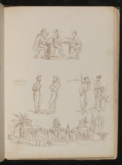 Tres soldados jugando a las cartas, dos "Prisioneros Neopolitanos" conversando, tres "Garibaldinos" descansando y fumando, una villa genovesa de Lady Butler