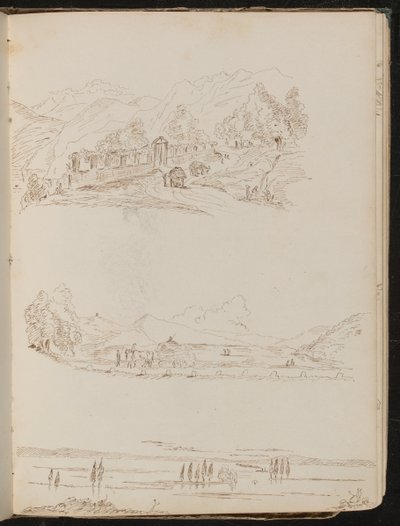 Tres estudios de escenas campestres con viviendas, caballos tirando de un carro y cuerpo de agua de Lady Butler