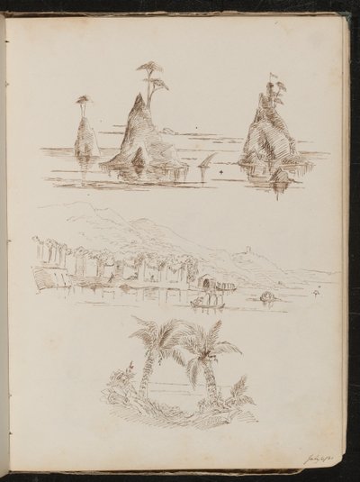 Tres estudios de islas rocosas, un paisaje acuático con personas y botes, y palmeras de Lady Butler
