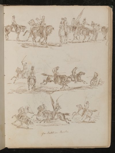 Tres estudios de soldados a caballo inscritos "Caballería Garibaldina" de Lady Butler