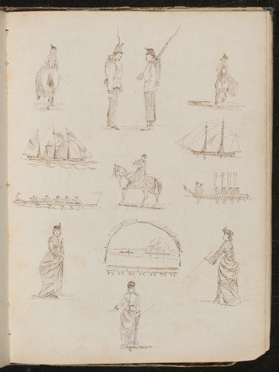 Doce estudios mostrando a una mujer montando de lado, soldados conversando, barcos, trompetero a caballo de Lady Butler