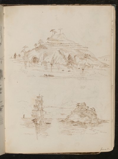 Dos estudios de isla rocosa, estudio de barco, fechado "30 de junio?" de Lady Butler