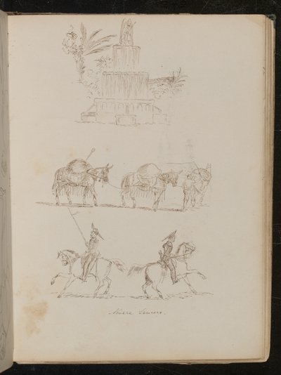 Fuente de agua en follaje, estudio de tres caballos de carga unidos, estudio de dos soldados a caballo de Lady Butler