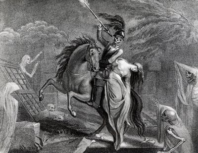 Lenore cabalgando con la Muerte, ilustración para el poema Lenore de Gottfried Augustus Burger, dibujo de Diana Beauclerk para la edición de 1796 publicada por Harding Pall Mall de Lady Diana Beauclerk