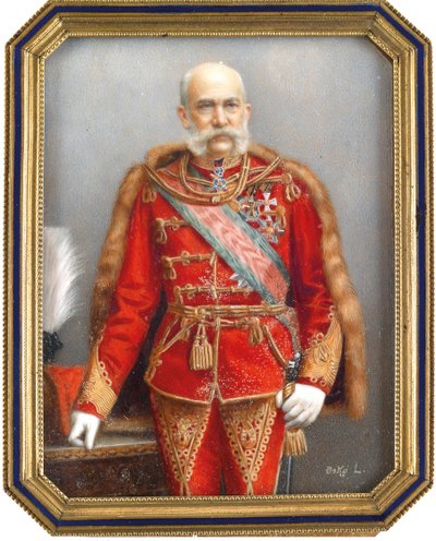 Retrato de Francisco José I de Austria (1830-1916), con uniforme húngaro. Obra de Lajos Osko (1865-1922), acuarela y gouache sobre cuerno. Arte húngaro, arte académico. Colección privada. de Lajos Osko