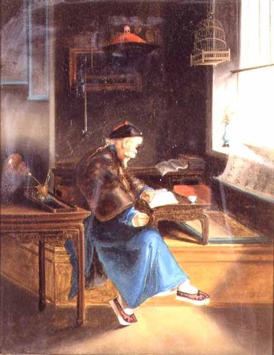 Un chino leyendo en su estudio de Lam Qua