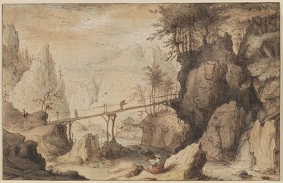 Dibujante sobre una piedra antes de un puente de Lambert Doomer