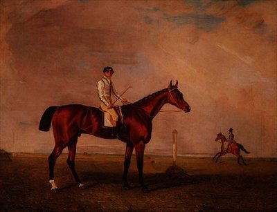 Caballo de carreras bayo con jockey en un hipódromo de Lambert Marshall