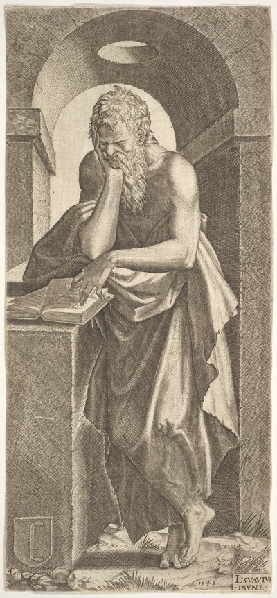 San Simón ante un libro abierto con los dedos de su mano izquierda presionados sobre él, 1545 de Lambert Suavius