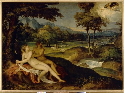 Júpiter e Ío. Pintura de Lambert Sustris (1515 o 1520 - después de 1591), óleo sobre lienzo, entre 1558 y 1563. Arte italiano (Venecia) de Lambert Sustris