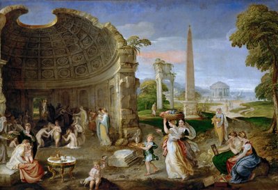 Paisaje con ruinas antiguas y mujeres bañándose de Lambert Sustris
