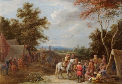 Un campamento con soldados jugando a las cartas, c.1660 (óleo sobre lienzo) de Lambert de Hondt